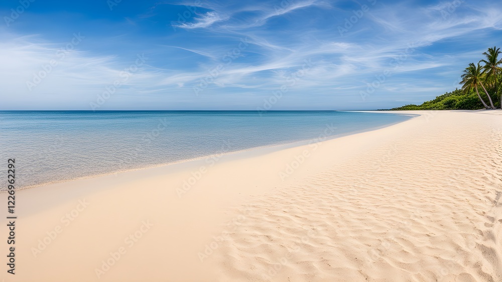 Idyllic tropical beach scene with pristine white sand, clear turquoise water, and palm trees under a vibrant blue sky. Idyllic tropical beach scene with pristine white sand, clear turquoise water, and palm trees under a vibrant blue sky.