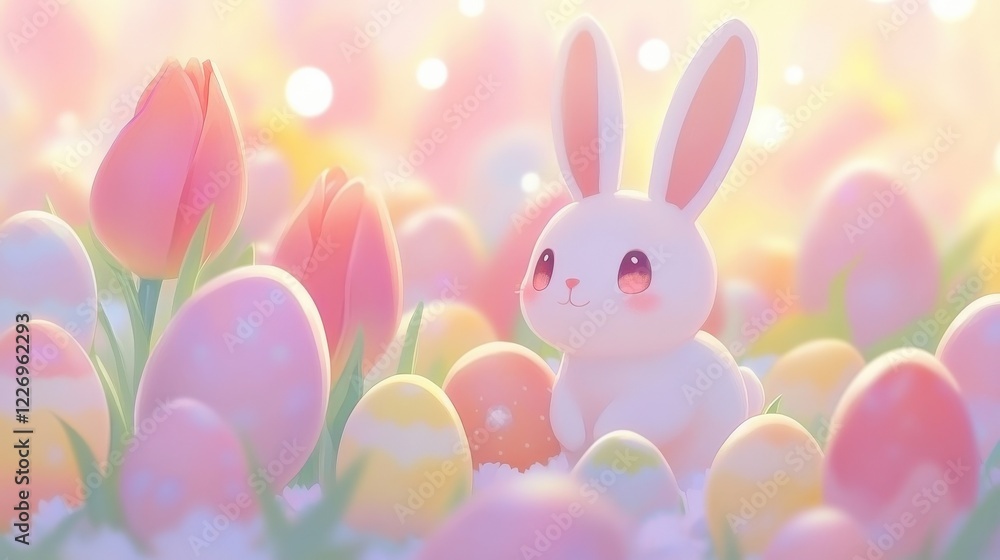 Soft Focus Background of Pastel Tulips with Easter Eggs and a Sweet Bunny Soft Focus Background of Pastel Tulips with Easter Eggs and a Sweet Bunny