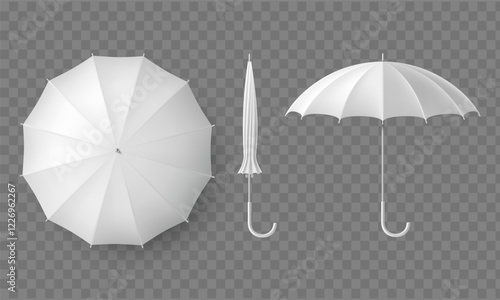 White umbrella mockups. Top and side views. Isolated on transparent background. Vector template