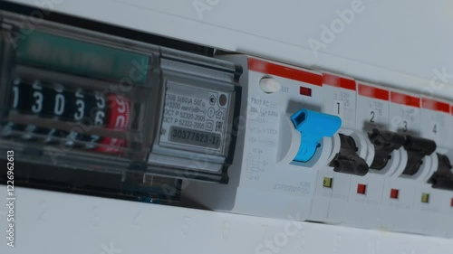 Home white electrical distribution board with mechanical electricity meter, rows of switches and, rows of switches and residual current device (RCD). Closeup. Shot in motion