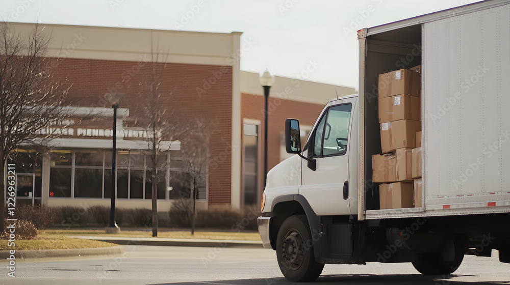 A delivery truck parked in front of a large store, with the vehicle prominently displayed against the retail backdrop, emphasizing the role of logistics in commercial activities.
A delivery truck parked in front of a large store, with the vehicle prominently displayed against the retail backdrop, emphasizing the role of logistics in commercial activities.