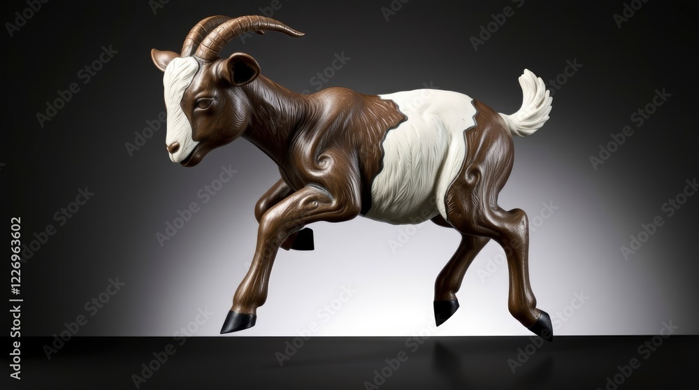Obraz premium goat, dynamic pose, leaping, brown and white fur, horns, muscular, studio lighting, dark background, high contrast