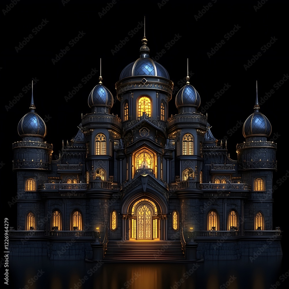 Beautiful and magnificent 3D cartoon palace, on a black background, generative AI Beautiful and magnificent 3D cartoon palace, on a black background, generative AI