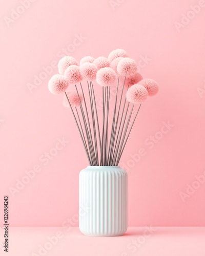 Pink Pom-Pom Flowers in White Vase