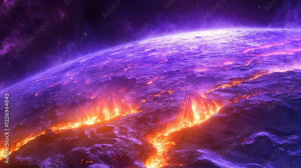 Mysterious dark purple planet with fire flames, vector space and fantasy galaxy. Fantastic universe planet with purple magma belt and craters, extraterrestrial fantasy cosmos and game UI icon Mysterious dark purple planet with fire flames, vector space and fantasy galaxy. Fantastic universe planet with purple magma belt and craters, extraterrestrial fantasy cosmos and game UI icon