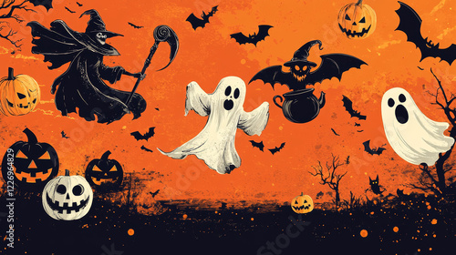 Happy Halloween banners with spooky monsters. Death grim reaper with scythe on cemetery, witch on broom and werewolf, ghosts, black cat and cauldron cartoon vector. Halloween trick or treat posters photo