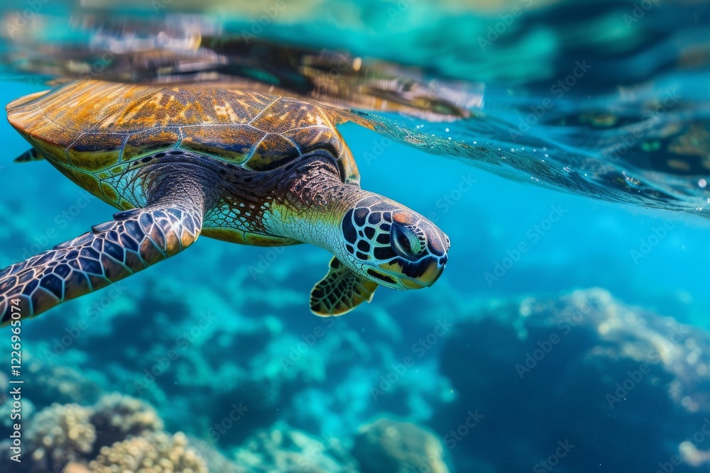 Fototapeta premium A Hawaiian Green Sea Turtle swims gracefully through clear turquoise waters, showcasing its beauty and movement in a vibrant coral reef environment