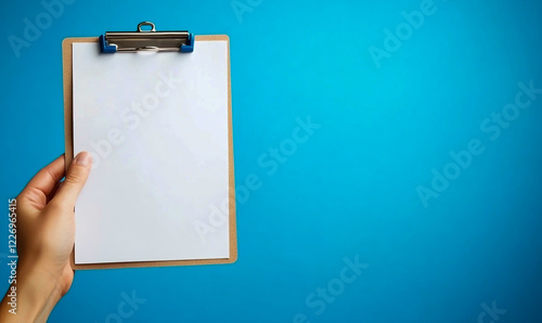 Image of a hand holding a blank clipboard with checkboxes on a blue background