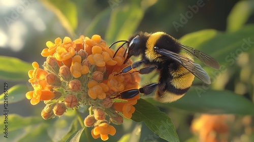 Bumblebee Pollinating an Orange Ball Tree Flower photo