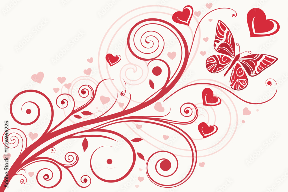 Romantic Floral Design: A swirling vine adorned with hearts and a delicate butterfly creates a romantic and whimsical design, perfect for Valentine's Day, wedding invitations. Romantic Floral Design: A swirling vine adorned with hearts and a delicate butterfly creates a romantic and whimsical design, perfect for Valentine's Day, wedding invitations.