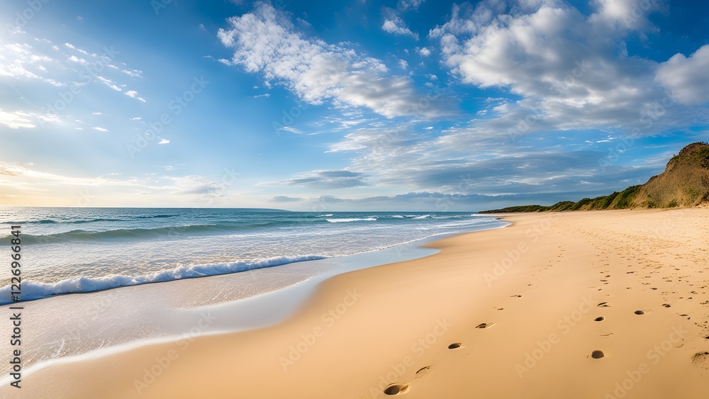 Panoramic view of a pristine sandy beach with footprints leading to the ocean under a vibrant blue sky with fluffy clouds. Panoramic view of a pristine sandy beach with footprints leading to the ocean under a vibrant blue sky with fluffy clouds.