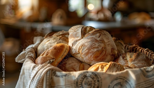 Primo piano di un cesto di pane misto appena sfornato. Pagnotte croccanti e panini morbidi, il tutto avvolto in un panno di lino. Sfondo sfocato di una cucina rustica photo