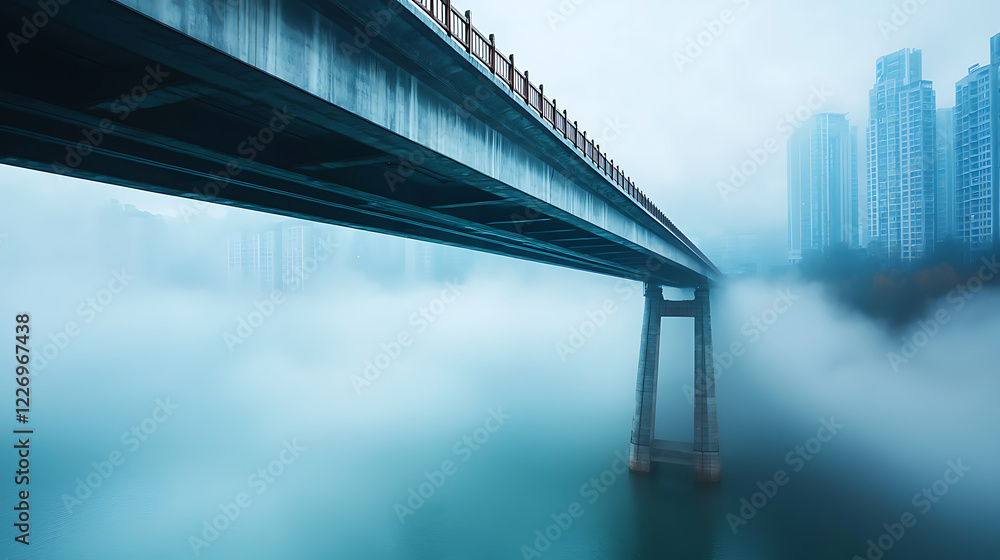 Mysterious bridge disappearing into heavy fog urban landscape photography ethereal environment wide angle view visual storytelling Mysterious bridge disappearing into heavy fog urban landscape photography ethereal environment wide angle view visual storytelling