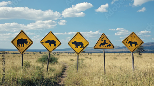 Safari hunting sport icons and signs. Real and legal safari during hunting season retro emblems, vector hunting guns. Wild African zebra and lion, giraffe elephant and rhino, capercaillie and rabbit. photo