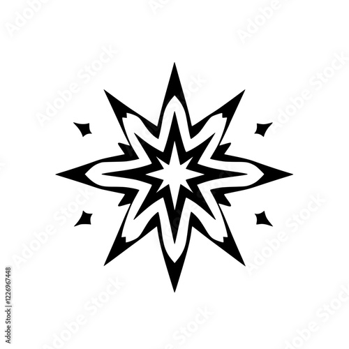 Geometric Star Mandala: Black and White Abstract Design. Perfect for backgrounds, illustrations, and graphic design projects.  A simple yet elegant symbol.