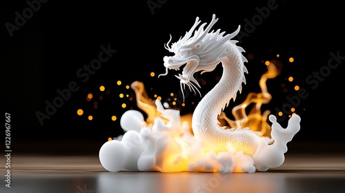 White Dragon Emerging from Fiery Embers A 3D Rendered Fantasy Illustration photo