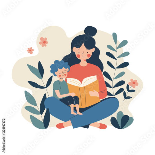 Mother and child reading book together. Mom and boy kid relax with fairytale book. Flat vector illustration isolated on white background	