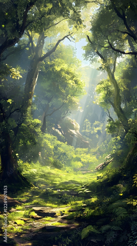 A calm forest glade with soft sunlight spilling through the canopy above A calm forest glade with soft sunlight spilling through the canopy above