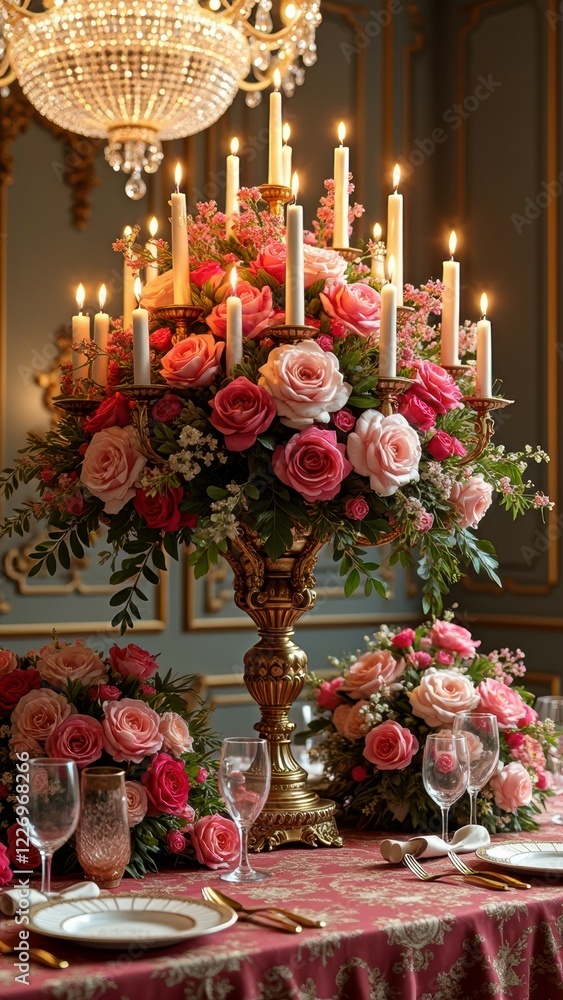 Obraz premium Elegant floral centerpiece with pink roses and candles in a luxurious dining setting