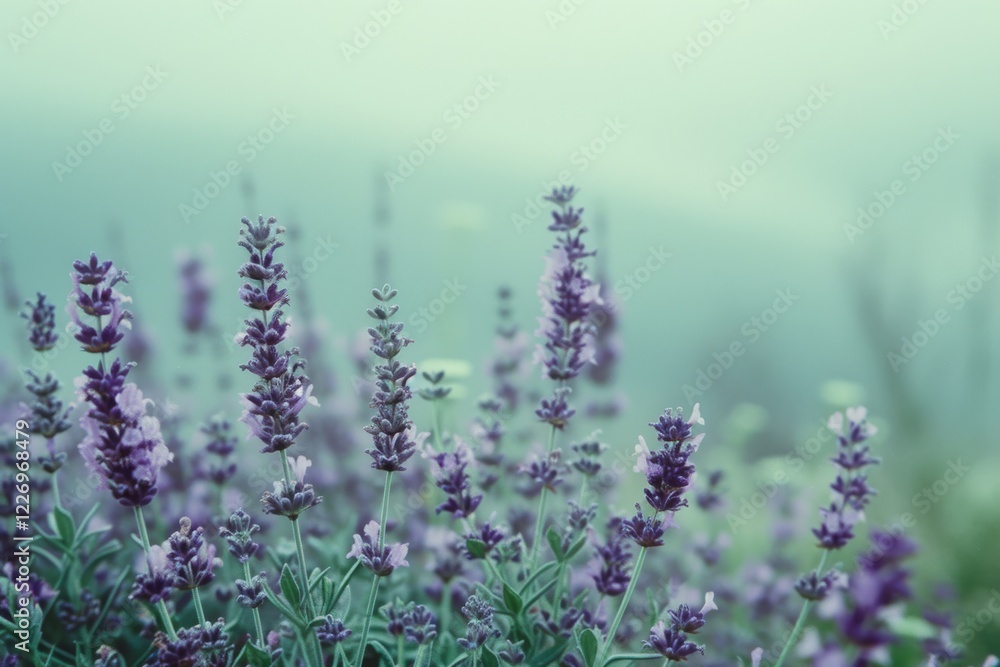 Fototapeta premium A serene garden filled with lavender flowers gently swaying in the cool mint green breeze during a tranquil morning