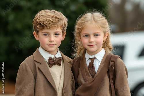 Two children in vintage-style outfits, posed outdoors against a blurred natural background, evoking a timeless, classic charm photo