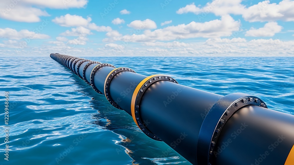 Black Pipe on Blue Ocean Under Bright Sky Black Pipe on Blue Ocean Under Bright Sky