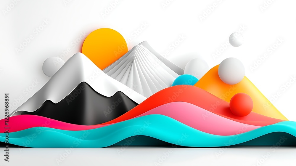 Naklejka premium Abstract Colorful Landscape with Geometric Mountains and Spheres