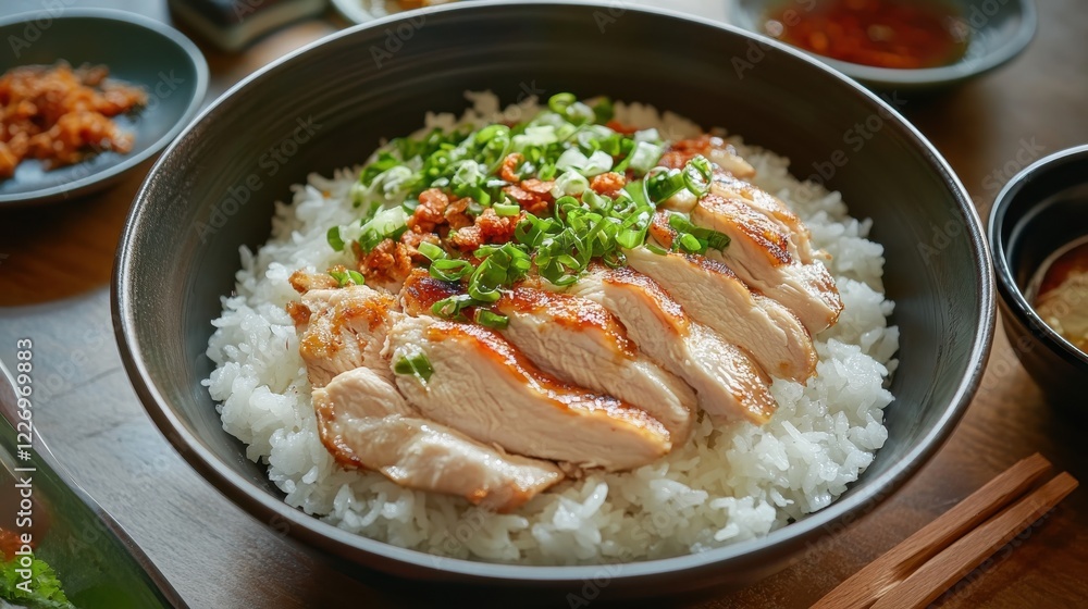 A bowl of fluffy jasmine rice served with grilled chicken. A bowl of fluffy jasmine rice served with grilled chicken.