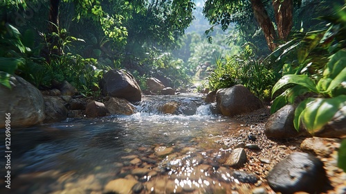 Clearwater Stream Flowing in Slow Motion Through a Scenic Landscape photo