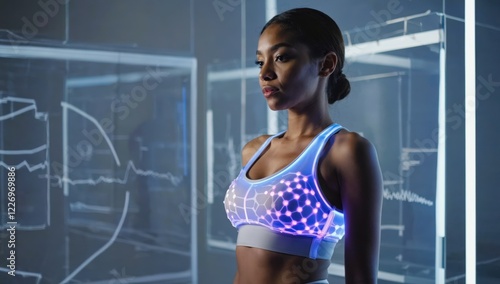 Confident sportswoman wearing innovative smart fitness bra with sensors monitoring vital signs and performance data displayed on futuristic transparent screens in modern high tech gym photo