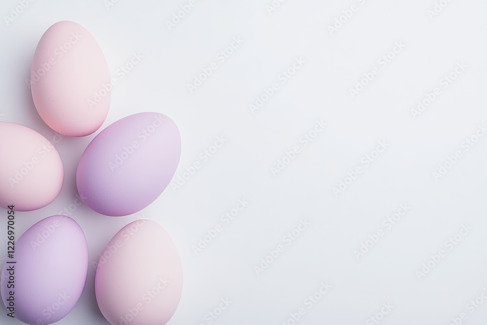 Fototapeta premium set of pastel lavender and pink easter eggs carefully arranged on clean white background with soft shadows