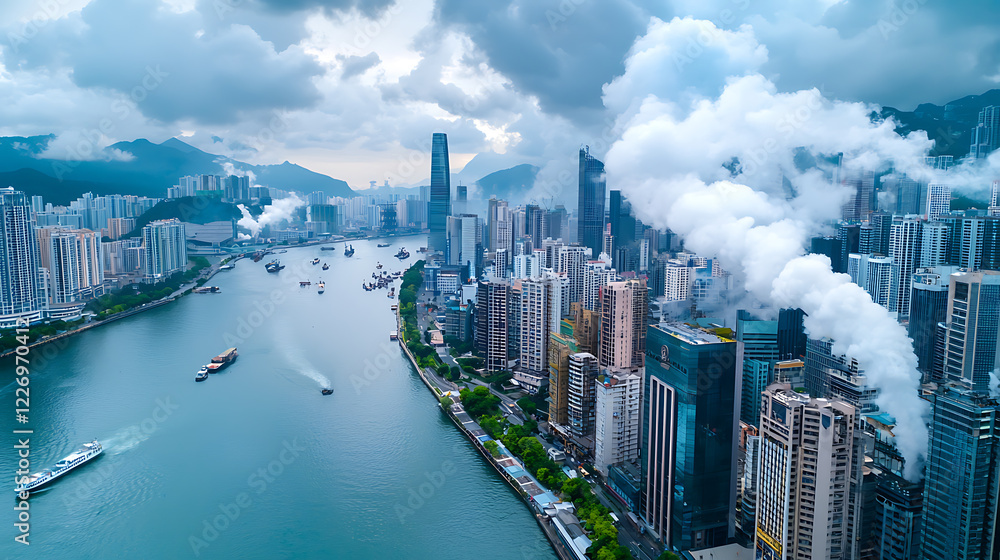 Obraz premium Industrial chimneys emitting smoke over urban landscape city riverfront aerial photography cloudy sky environmental impact