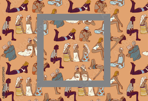 Beach vacation of different women of different nationalities in bikinis. Human vacation seamless pattern. Summer hobbies and entertainment wallpapers. Hand drawn illustration