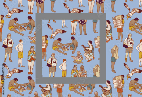 Women in swimsuits, men play the board game backgammon, a boy reading a book by the water on the beach. Summer resort seamless family pattern. Blue beach illustration of people on a seaside vacation