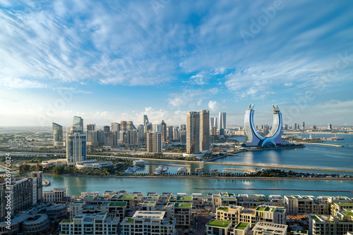 Lusail, Qatar - December 20, 2024: Lusail Marina Park. Lusail Skyline view after sunset	
 photo