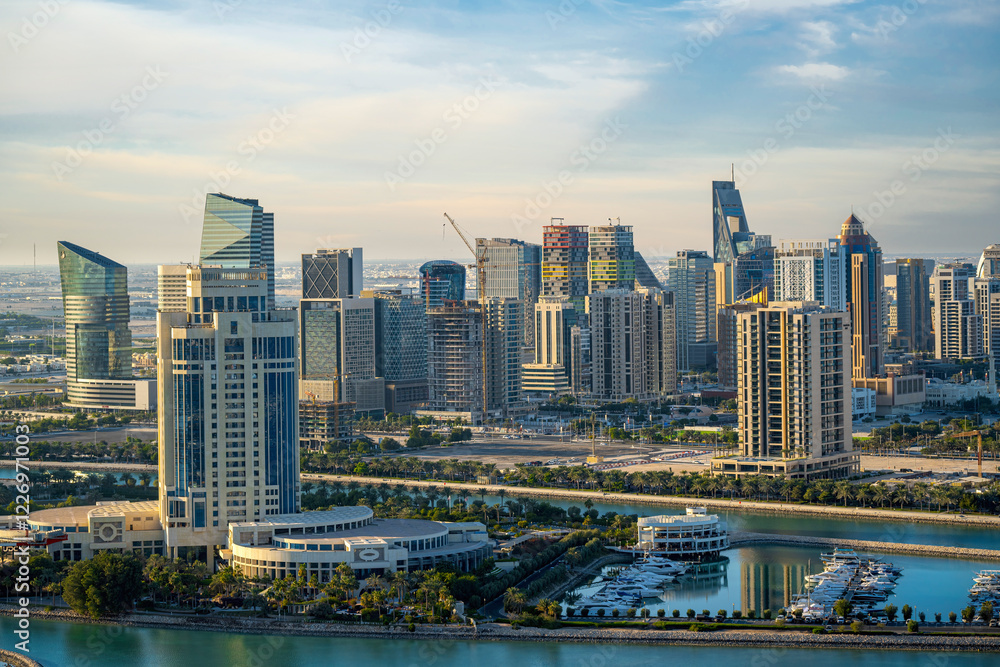 Obraz premium Lusail, Qatar - December 20, 2024: Aerial View of Modern Lusail Skyline. katara tower Lusail Marina 