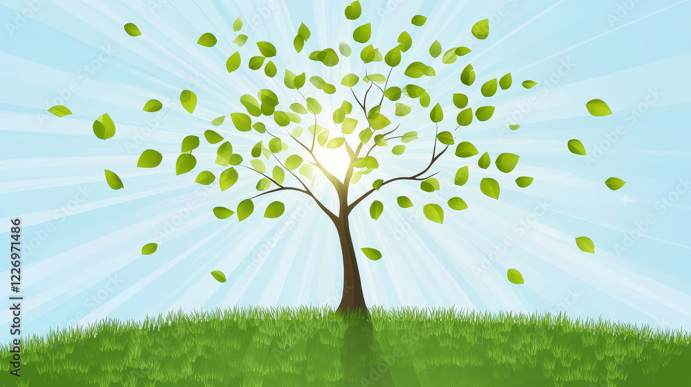 Hello Spring seasonal wish icon of green leaf and growing tree plant for springtime holiday celebration greeting card design. Vector isolated symbol of sunny spring green nature in bloom Hello Spring seasonal wish icon of green leaf and growing tree plant for springtime holiday celebration greeting card design. Vector isolated symbol of sunny spring green nature in bloom
