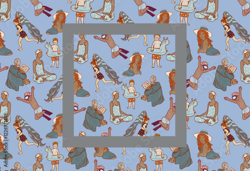 A woman with a book, a girl with a towel and children with swimming rings on the beach. Summer resort seamless pattern. Blue hand drawn illustration of people on vacation.