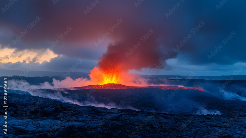 Fototapeta premium 11. A volcano erupting with glowing red lava and smoke filling the sky