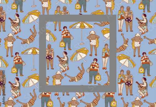 People in beachwear. Men, women, old ladies sunbathe under beach umbrellas. Summer resort seamless pattern. Blue hand drawn illustration of people on vacation.