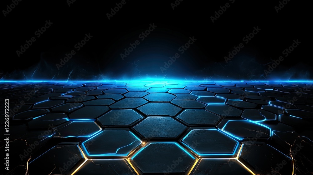 Naklejka premium Futuristic Blue Hexagonal Tiles with Glowing Edges Creating a Dazzling Digital Space Background