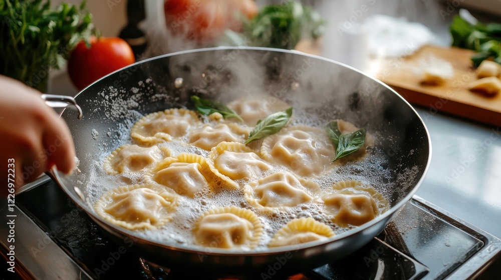 Freshly made ravioli being cooked in boiling water Freshly made ravioli being cooked in boiling water