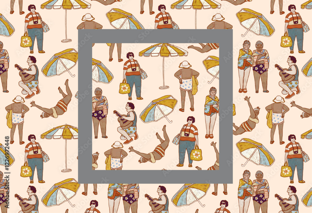 Fototapeta premium Middle-aged men and women relax on the beach. Silhouettes of people in swimsuits on vacation. Seamless pattern illustration hand drawn on white background