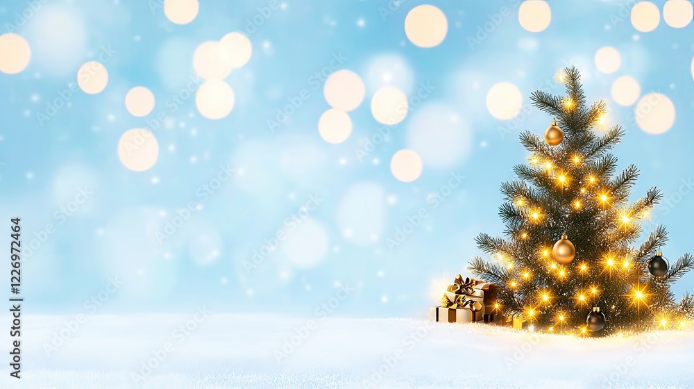 Glowing Christmas Tree Decorated with Lights and Ornaments on a Snowy Ground with Bokeh Background Glowing Christmas Tree Decorated with Lights and Ornaments on a Snowy Ground with Bokeh Background