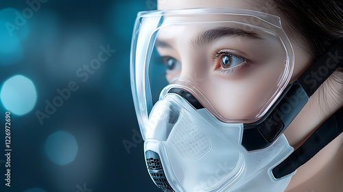 Futuristic protective mask with transparent design urban environment digital art close-up perspective health and safety concept photo