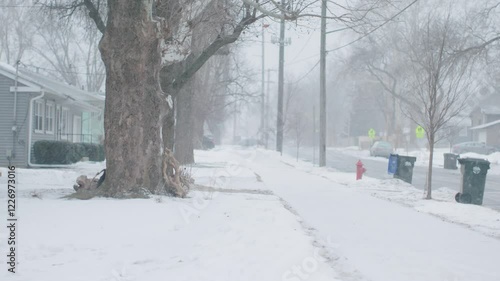 4K Stock Footage: Snow Blizzard on a Residential Street - Heavy Snowfall with Snow-Covered Houses and Trees