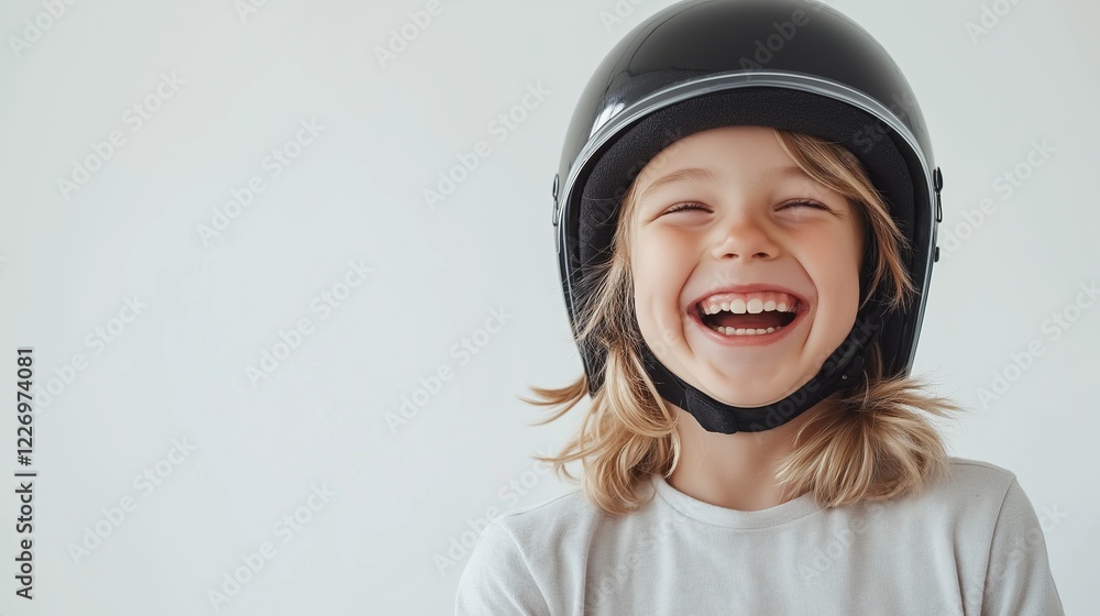 Joyful child with a helmet smiling radiantly while embracing a carefree moment of fun and adventure indoors during a bright morning Joyful child with a helmet smiling radiantly while embracing a carefree moment of fun and adventure indoors during a bright morning