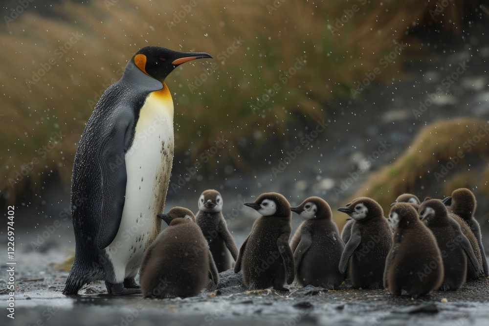 Fototapeta premium King penguin adult stands guard over a group of fluffy chicks in a chilly Antarctic environment during a snow shower on a fall afternoon
