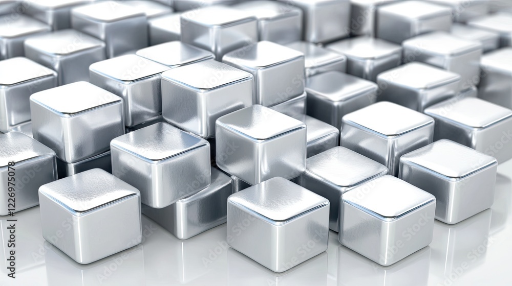 Scattered Silver Metallic Cubes with Reflections and Shiny Surfaces Creating an Abstract Background Scattered Silver Metallic Cubes with Reflections and Shiny Surfaces Creating an Abstract Background