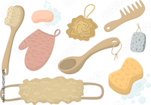 Set of cute bathroom elements. Soap, sponge, brush, glove, comb, pumice isolated on white background